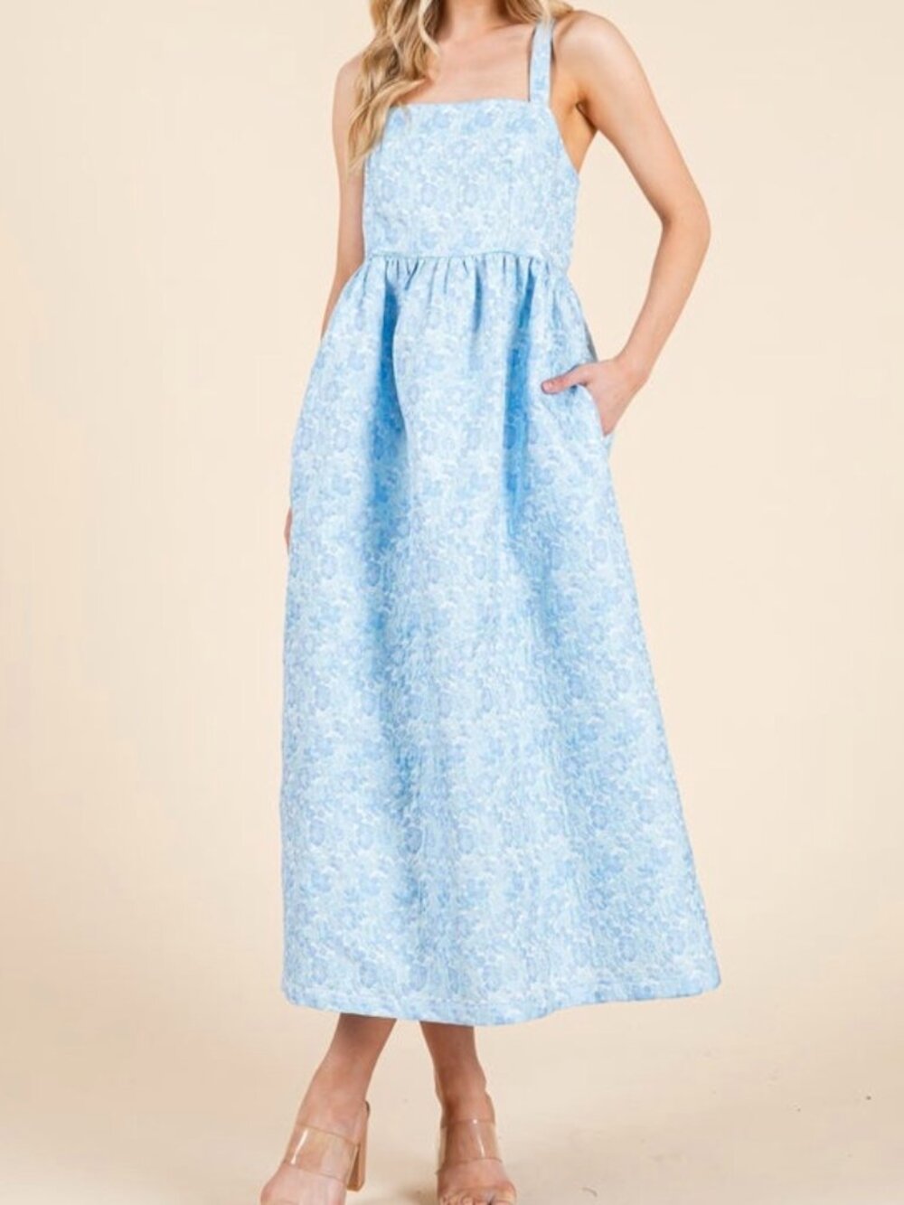 Lovelo Midi Textured Blue Floral Print Dress